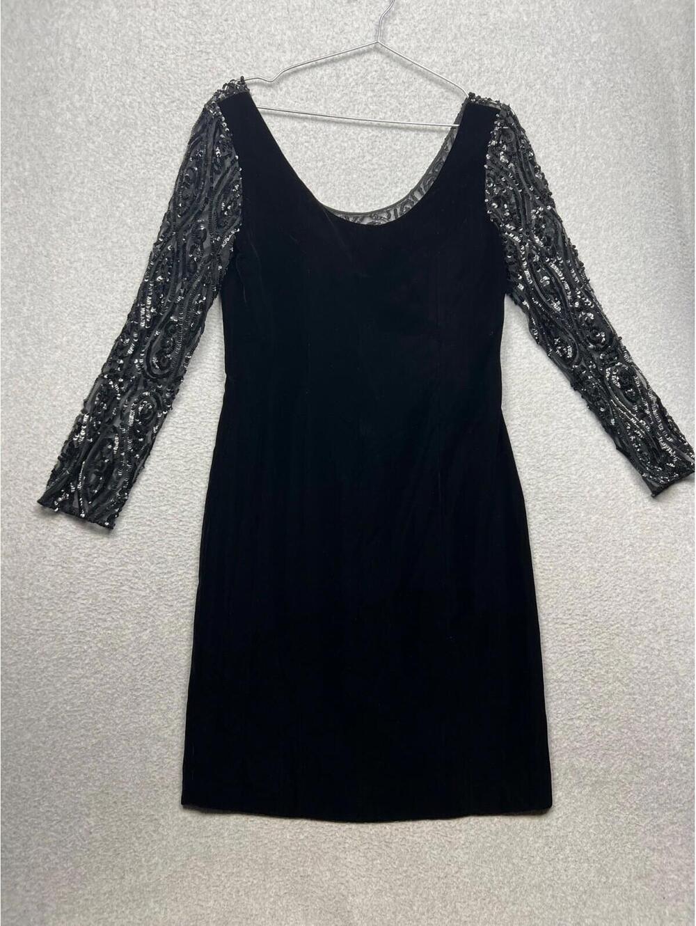 Lillie Rubin Velvet Sequin Sheath Dress Womens 12 Black sheer Formal Wed Elegant